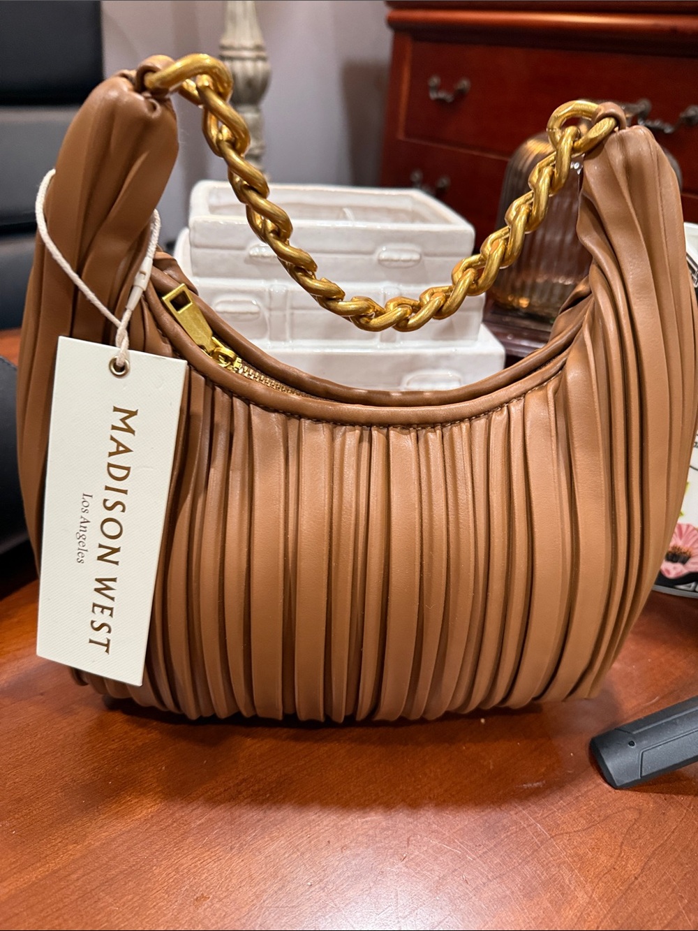 Madison West Camel Pleated Shoulder Bag with Gold Chain